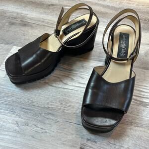 Vintage 90s Kenneth Cole NY Brown Leather Platform Wedge Sandals 7B Italy